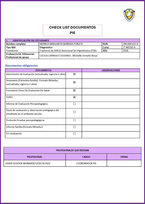 Documento Checklist PIE generado por Tabulatest